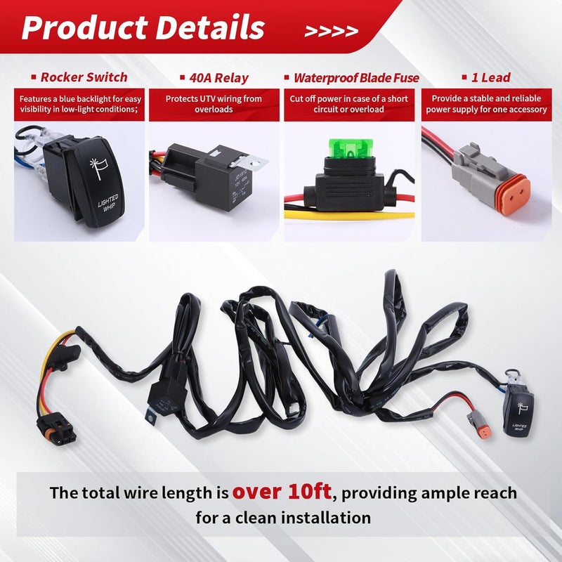 Solvrex UTV Whip Light Wiring Harness with Plug & Play Pulse Busbar Connector DT Plug Compatible with Polaris RZR Ranger General, 16AWG 1 Lead Rocker On Off Switch - Image 3